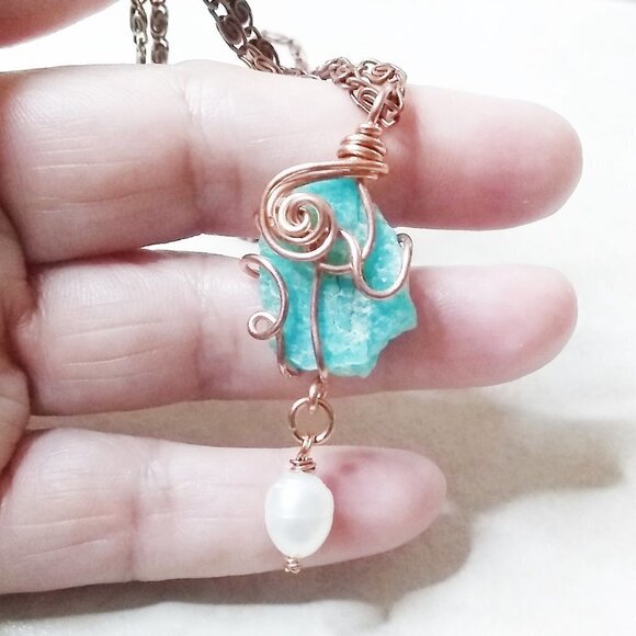 2-Sided Pendant! Natural Rough Teal Peruvian Amazonite + Pearl + Copper Chain - Picture 1 of 9